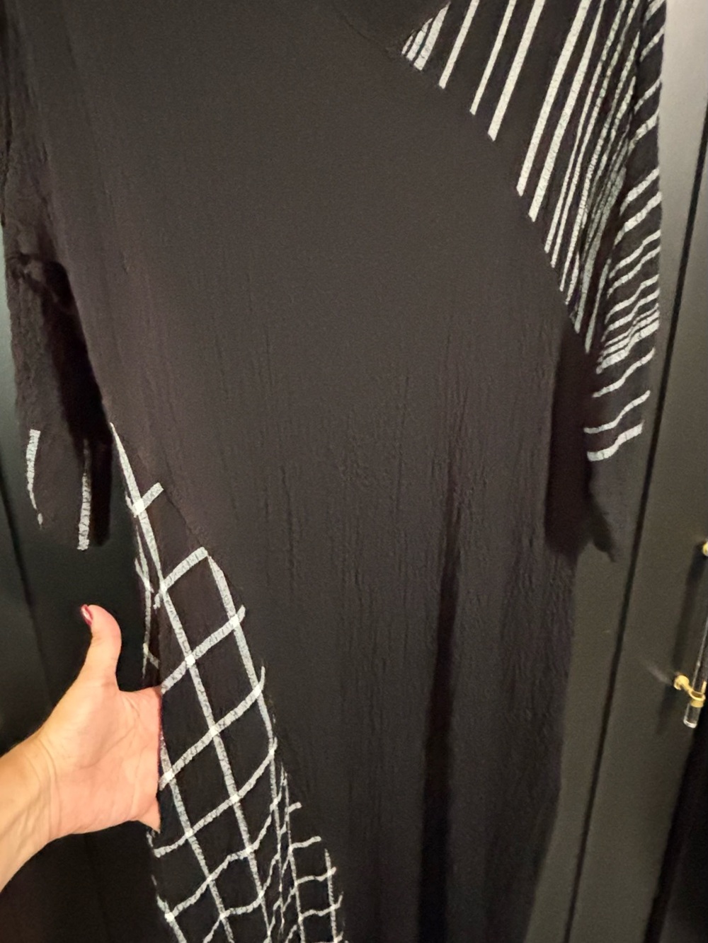 Black Midi Dress with Modern White Grid and Stripe Accents